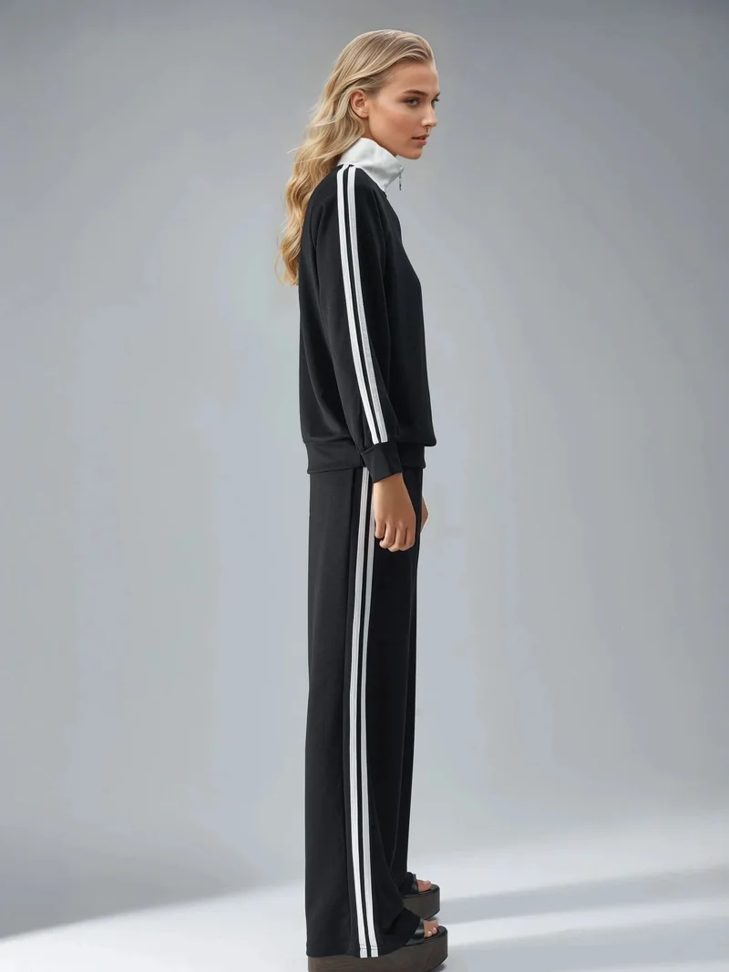Hiccup Black Modal Touch Wide Leg Striped Two-Piece Coord Set with Zipper Collar Bersan Collection for Women | Best Price UAE